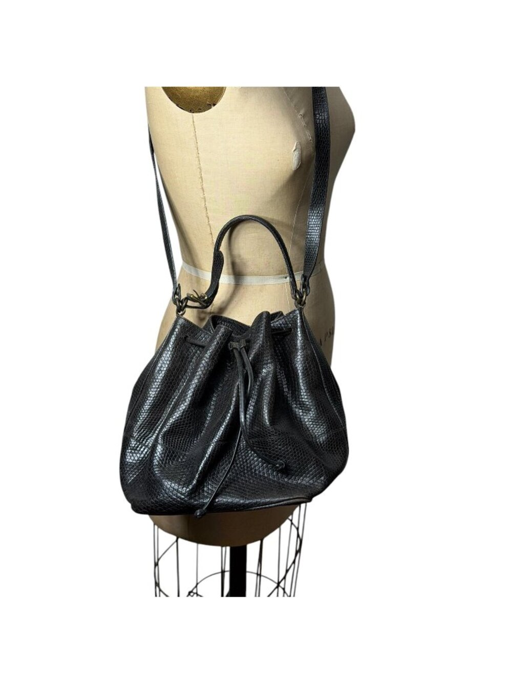 Vintage python embossed leather drawstring bucket bag by Furla Made in Italy